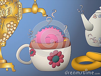 Cartoon monster drying tea cup samovar khokhloma teapot Stock Photo