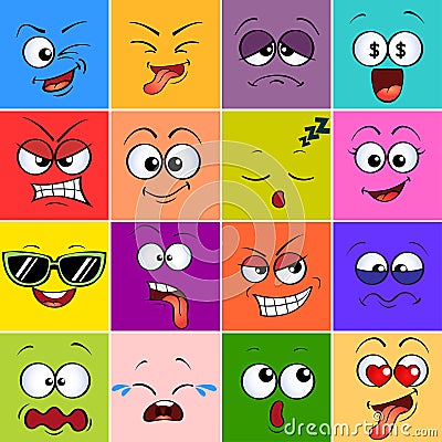 Cartoon monster face. Emoji. Cute emoticons. Square colorful avatars Vector Illustration