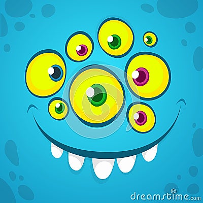 Cartoon monster face with many eyes. Vector Halloween blue monster avatar with wide smile Vector Illustration