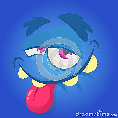 Cartoon monster face. Vector Halloween blue happy monster square avatar Vector Illustration