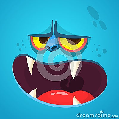 Cartoon monster face. Vector Halloween blue monster avatar with open mouth with sharp teeth Vector Illustration