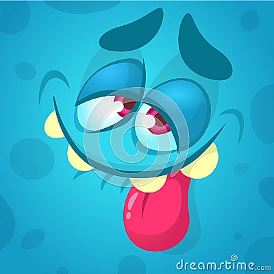 Cartoon monster face. Vector Halloween blue smiling monster avatar. Vector Illustration