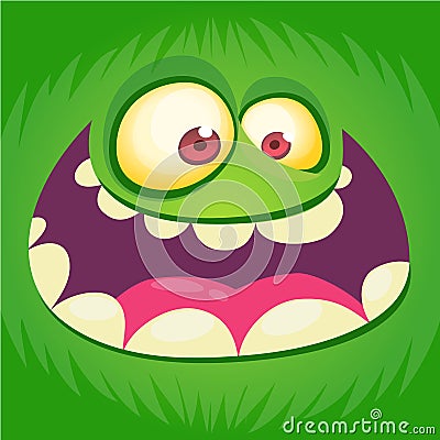 Cartoon monster face . Vector Halloween green happy monster square avatar. Funny monster mask. Vector Illustration