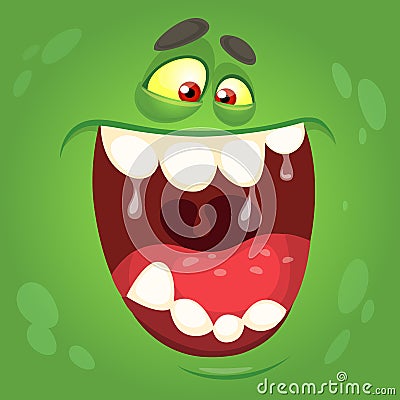 Cartoon monster face. Vector Halloween green monster avatar. Vector Illustration