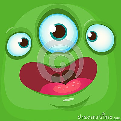 Cartoon monster face. Vector Halloween green monster avatar with three eyes smile Vector Illustration