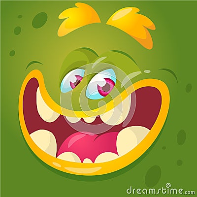 Cartoon monster face. Vector Halloween green monster avatar with wide smile. Vector Illustration