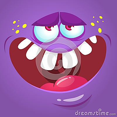 Cartoon monster face. Vector Halloween violet monster avatar. Vector Illustration