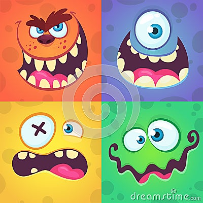 Cartoon monster faces set. Vector set of four Halloween monster faces with different expressions Vector Illustration