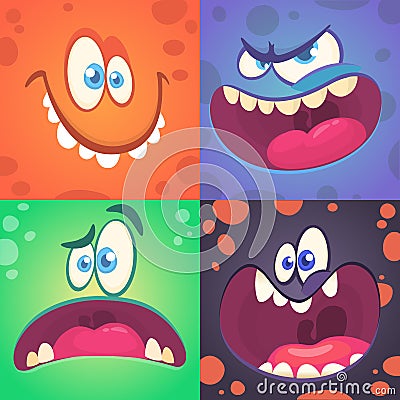 Cartoon monster faces set. Vector set of four Halloween monster faces with different expressions. Children book illustrations or p Vector Illustration