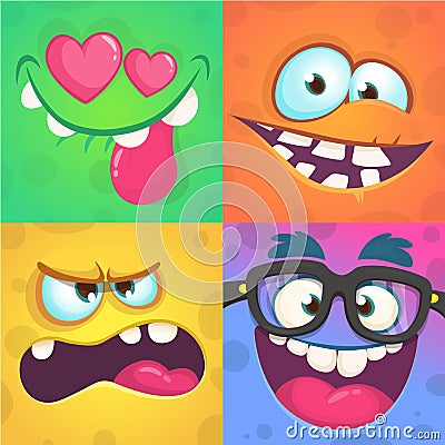 Cartoon monster faces set. Vector set of four Halloween monster faces with different expressions. Children book illustrations Vector Illustration