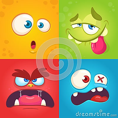 Cartoon monster faces set. Vector set of four Halloween monster faces with different expressions. Children book illustrations Vector Illustration