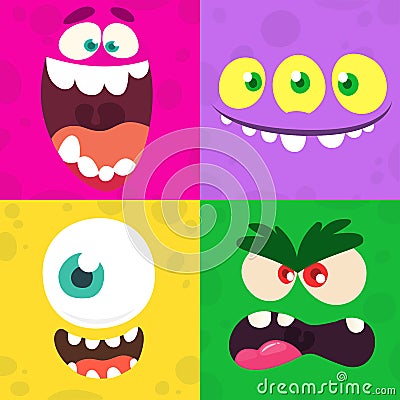 Cartoon monster faces set. Vector set of four Halloween monster faces with different expressions. Vector Illustration