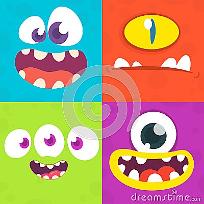 Cartoon monster faces set. Vector set of four Halloween monster faces Vector Illustration