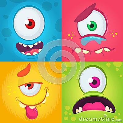 Cartoon monster faces set. Vector set of four Halloween monster faces with different expressions. One-eyed monsters illustration. Vector Illustration