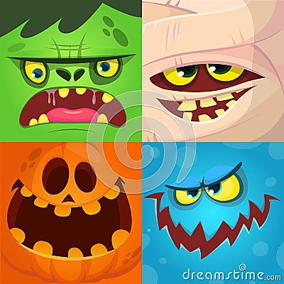 Cartoon monster faces vector set. Cute square avatars and icons. Monster, pumpkin face, mummy, zombie. Vector Illustration