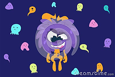 Cartoon monster. Funny and scary trolls. Flying colorful ghosts. Angry goblins and horned aliens with cute toothy face Vector Illustration