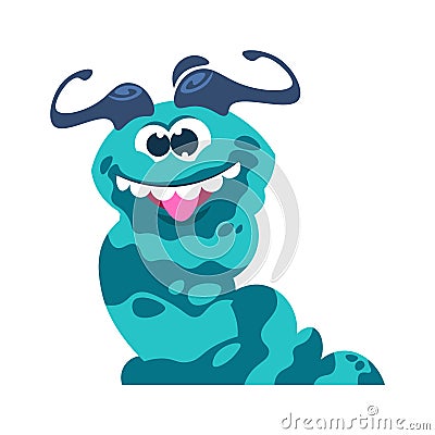 Cartoon monster. Funny slug. Crazy smile anthropomorphic face, tooth mouth with tongue out. Horned head and jelly body Cartoon Illustration