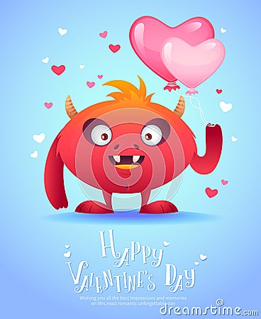 Cartoon monster with a heart Valentine card Vector Illustration