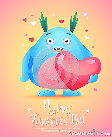Cartoon monster with a heart Valentine card Vector Illustration