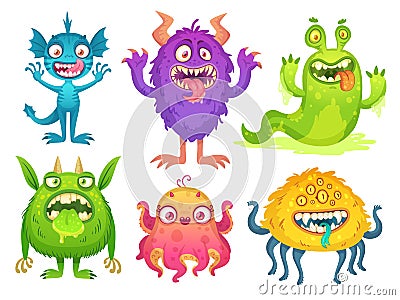 Cartoon monster mascot. Halloween funny monsters, bizarre gremlin with horn and furry creations. Cartoons character Vector Illustration