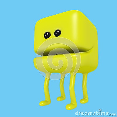 Cartoon monster smiling yellow cube on legs. 3D illustration. Cartoon Illustration
