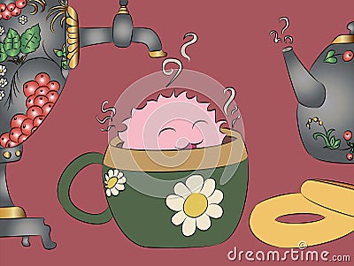 Cartoon monster tea cup samovar khokhloma teapot Vector Illustration