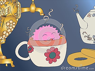 Cartoon monster tea cup samovar teapot Vector Illustration