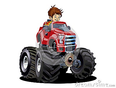 Cartoon Monster Truck with driver isolated on white Vector Illustration