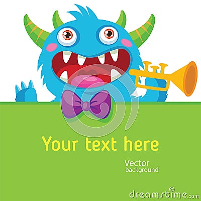 Cartoon Monster Vector Illustration. Template For Event. Pocket Monster. Monster Pipes. Noise Funny. Trumpet Solo. Vector Illustration