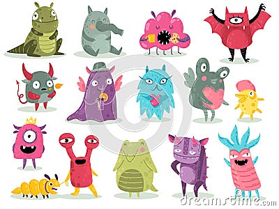 Cartoon monsters. Cute goblins, colorful alien characters, funny comic gremlins, little dragons and devil spooky Vector Illustration