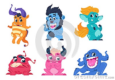 Cartoon monsters. Cute little angry animals, mascot characters with smiles and troll faces for stickers and emblems Vector Illustration