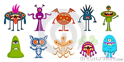 Cartoon monsters. Cute little goblins and gremlins, scary alien kids. Halloween cool monster characters, comic vector Vector Illustration