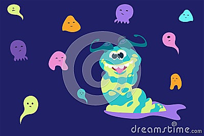 Cartoon monsters. Funny and scary trolls. Aliens or goblins. Flying ghosts. Slug with crazy face and toothy smile Vector Illustration
