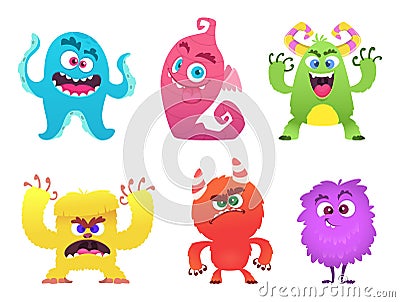 Cartoon monsters. Goblin gremlin troll scary cute faces of colored monsters vector funny characters Vector Illustration