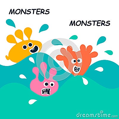 Cartoon monsters swim in the sea. Colorful vector illustration Vector Illustration