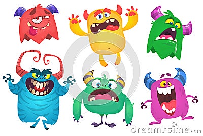 Cartoon Monsters. Vector set of cartoon monsters isolated. Design for print, party decoration, t-shirt, illustration, logo, emblem Vector Illustration