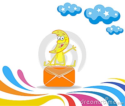 Cartoon month received an envelope and sitting on it Vector Illustration
