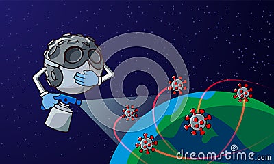 Cartoon moon in medical mask disinfected planet against coronavirus cells COVID-19. Vector Illustration