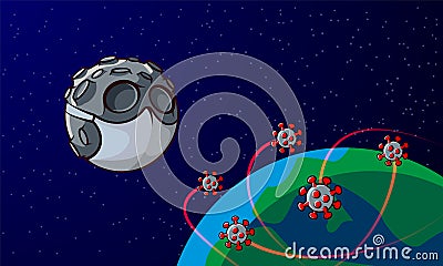 Cartoon moon in medical mask and infected planet Earth by coronavirus cells COVID-19. Vector Illustration