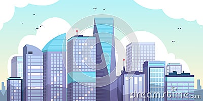 Cartoon morning city. Urban landscape with skyscrapers, clouds and birds, flat urban property illustration. Vector Vector Illustration