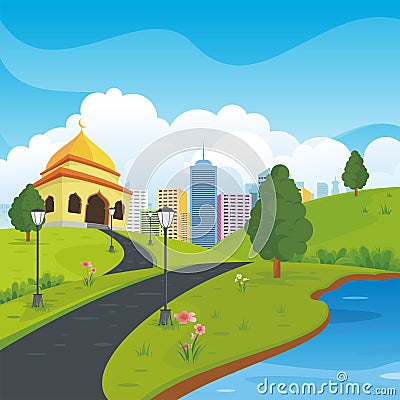 Cartoon mosque with nature and city landscape Vector Illustration