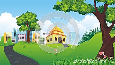 Cartoon mosque with nature and city landscape Vector Illustration