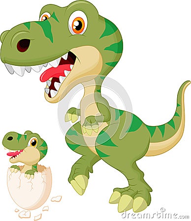 Cartoon Mother and baby dinosaur hatching Vector Illustration