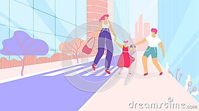 Cartoon Mother with Children Walk at Crosswalk Vector Illustration