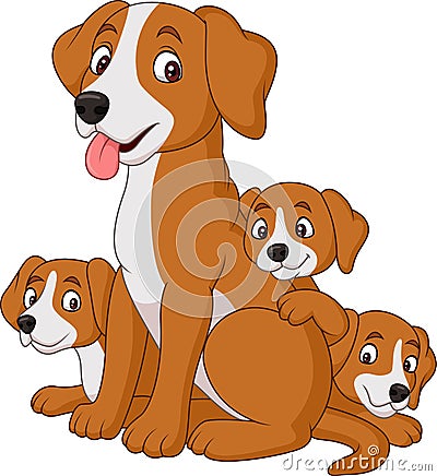 Cartoon mother dog with her cute puppies Vector Illustration