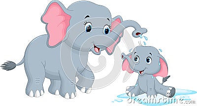 Cartoon mother elephants bathing her child Vector Illustration