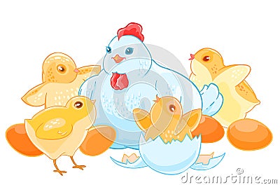 Cartoon mother hen sits on the eggs. Brood of cute little Chicks. Vector Illustration