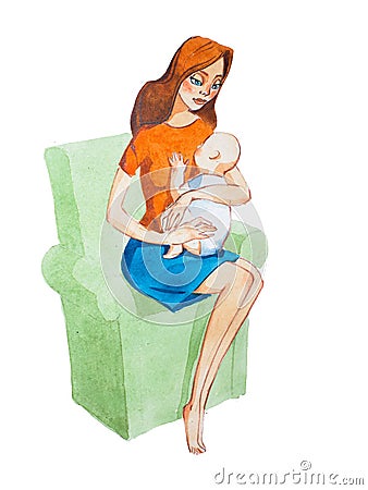 Cartoon mother hugging a baby. Aquarelle illustration of motherhood concept Cartoon Illustration