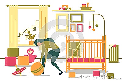 Cartoon Mother Pick Toys from Floor in Bedroom Stock Photo