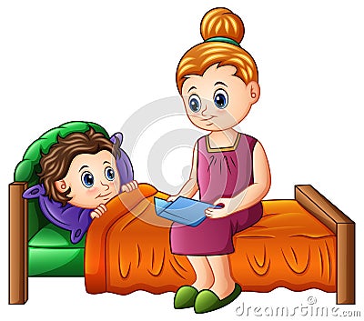 Cartoon mother reading bedtime story to her son before sleeping Vector Illustration